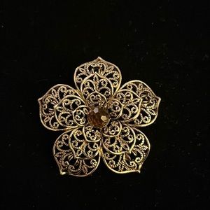 Monet Vintage Gold Tone Filigree Flower Brooch Smoky‎ Rhinestone Center